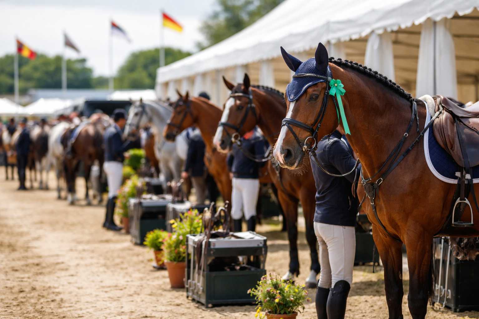 Mehrere gesattelte Pferde mit Reitern bei einem Turnier, vorbereitet vor Zelten im Hintergrund