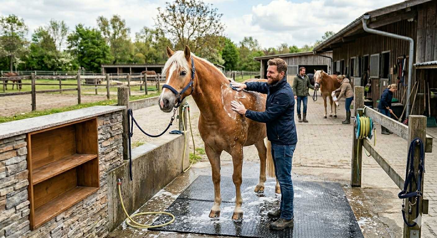 Mann wäscht ein Pferd im Außenbereich eines Stalls mit Wasser und Bürste, während weitere Personen und Pferde im Hintergrund zu sehen sind