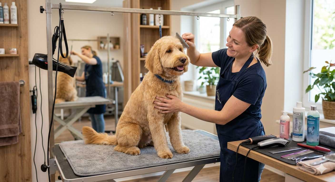 Hundefriseurin bürstet einen Goldendoodle auf einem Grooming-Tisch in einem hellen Hundesalon