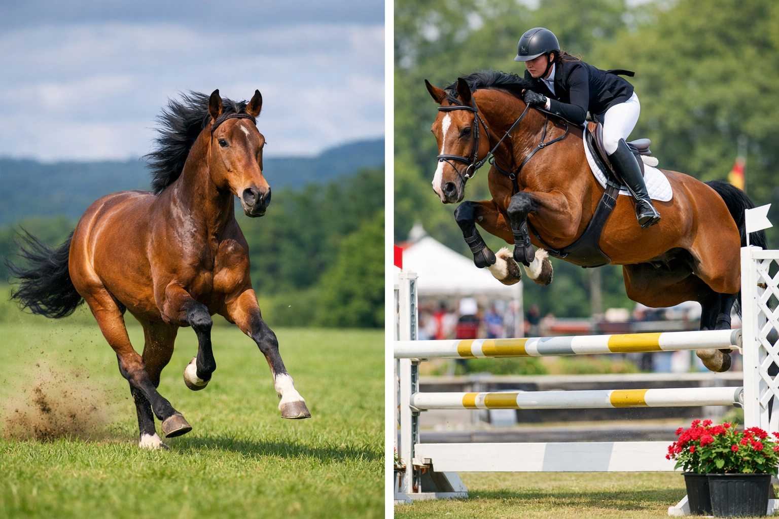 Links ein frei laufendes Pferd auf der Weide, rechts ein Reiter mit Pferd beim Springreiten über ein Hindernis