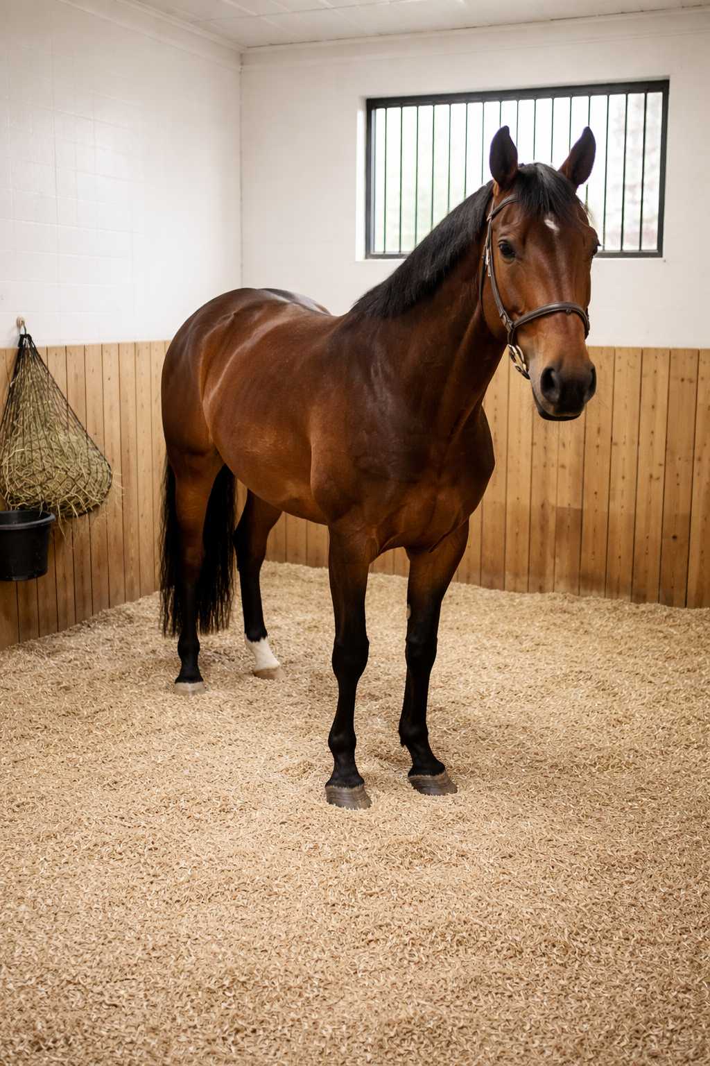 Braunes Reitpferd steht ruhig in einer Stallbox mit Einstreu und Heunetz