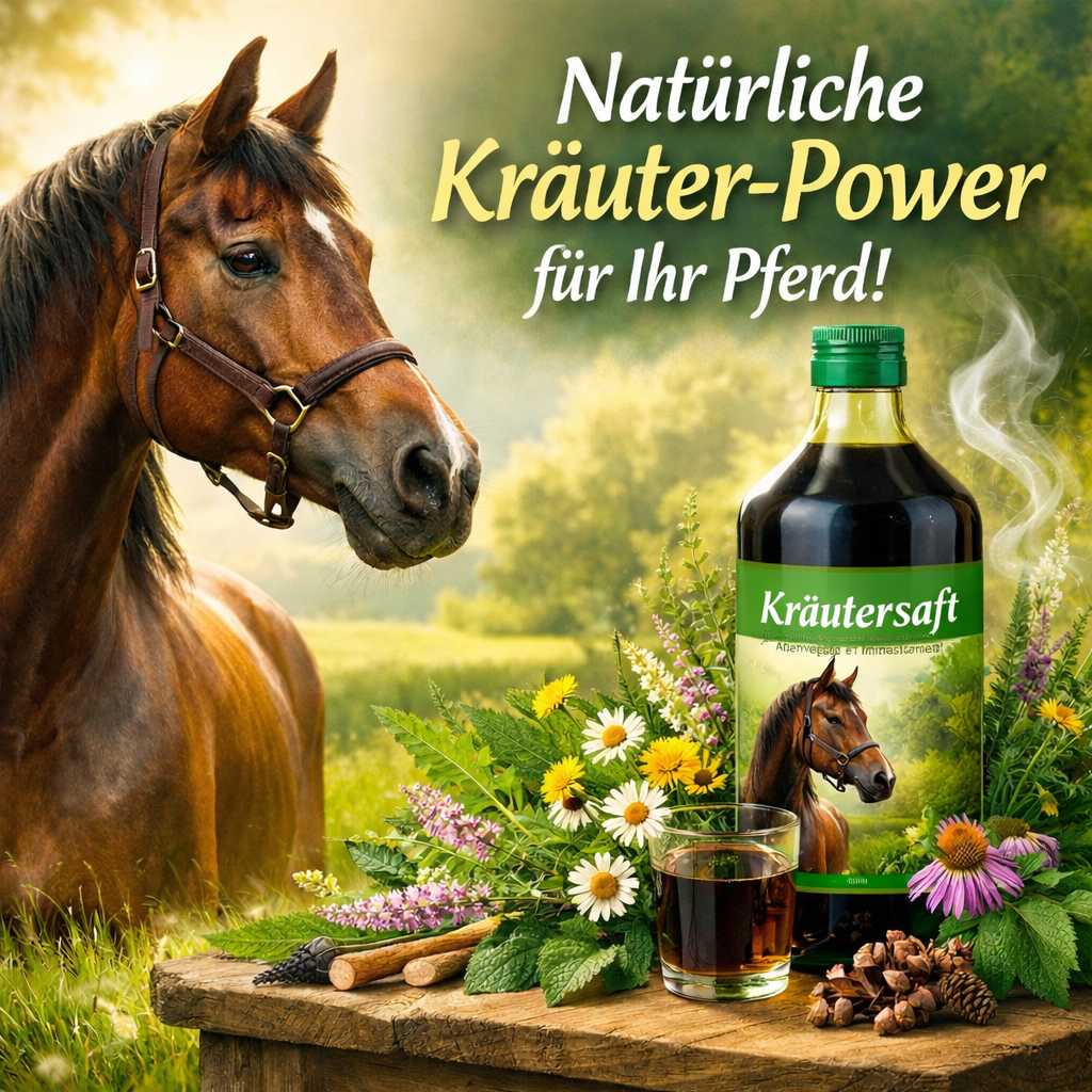 Braunes Pferd neben Kräutersaft für Pferde mit verschiedenen Heilkräutern und Blüten auf einer Wiese