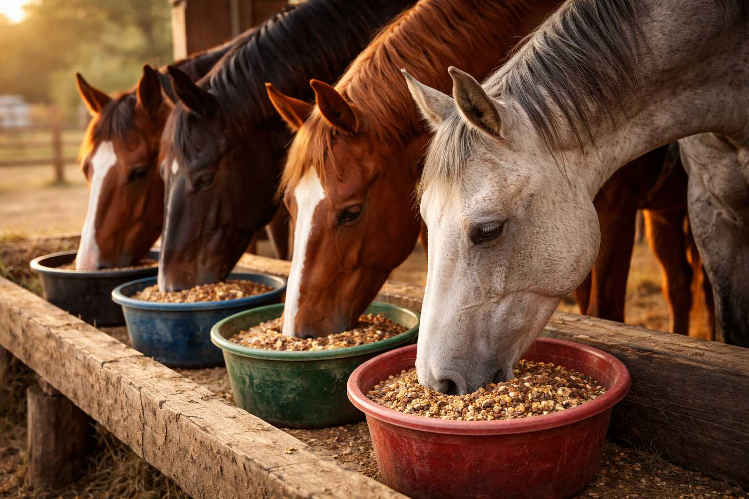 Mehrere Pferde fressen gleichzeitig aus bunten Futterschüsseln im Stall, gefüllt mit Getreide- und Mischfutter