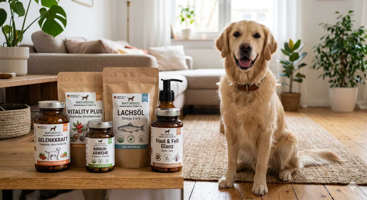 Golden Retriever sitzt im Wohnzimmer neben verschiedenen Nahrungsergänzungsmitteln für Hunde wie Lachsöl, Gelenk- und Immunpräparate