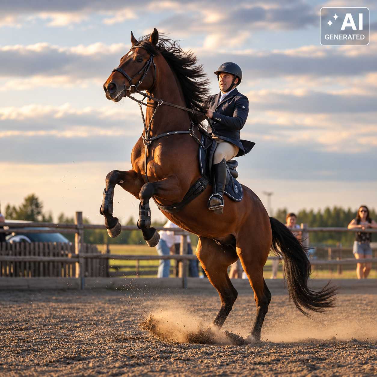 Reiterin sitzt auf einem aufgerichteten braunen Pferd auf dem Reitplatz