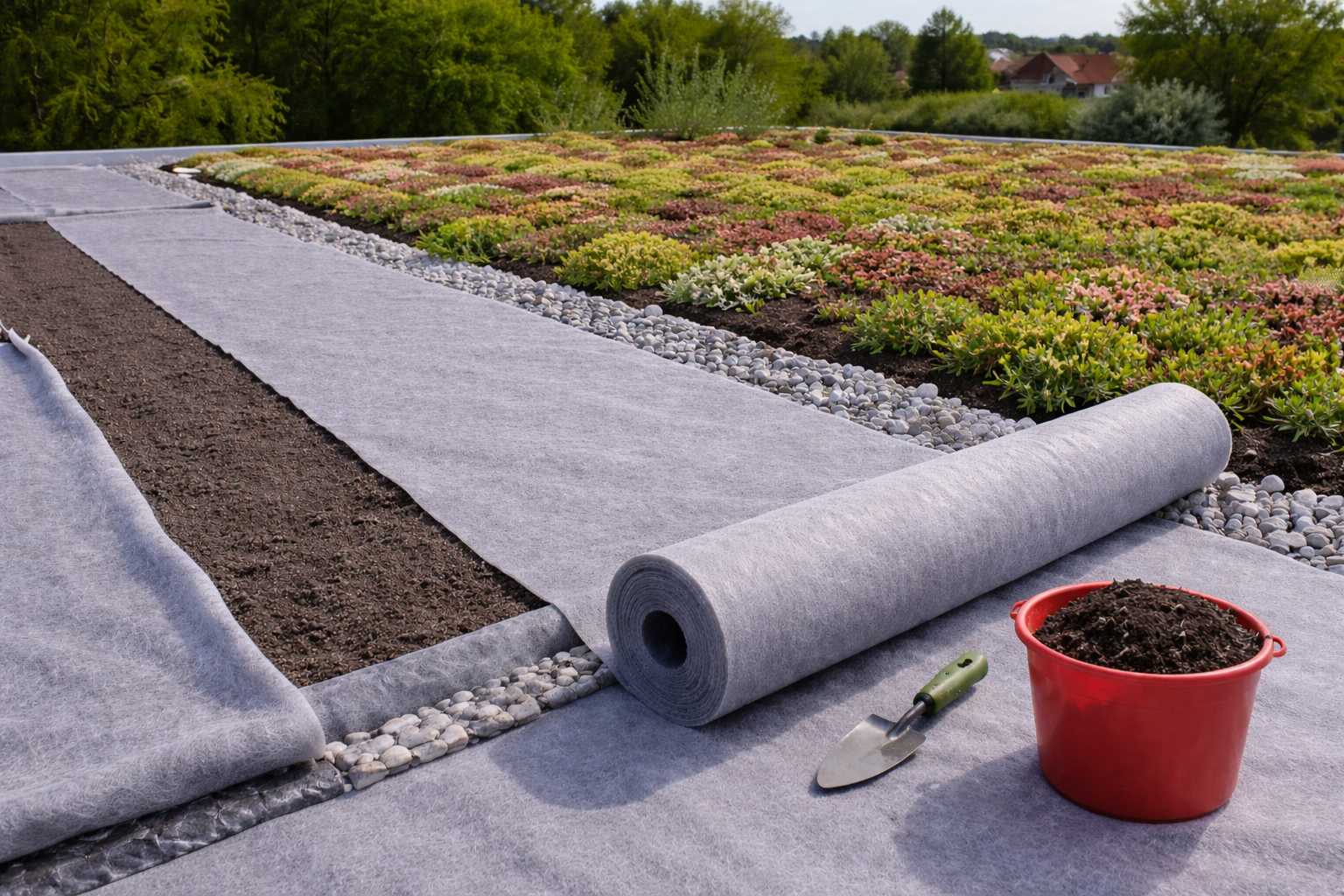 Installation einer Dachbegrünung mit ausgerolltem Filtervlies, Substrat und Sedum-Pflanzen auf einem Flachdach