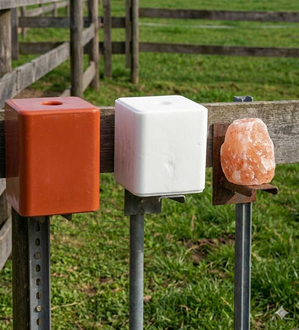 Verschiedene Salzlecksteine für Pferde auf Halterungen an einer Weide zur Versorgung mit Mineralstoffen