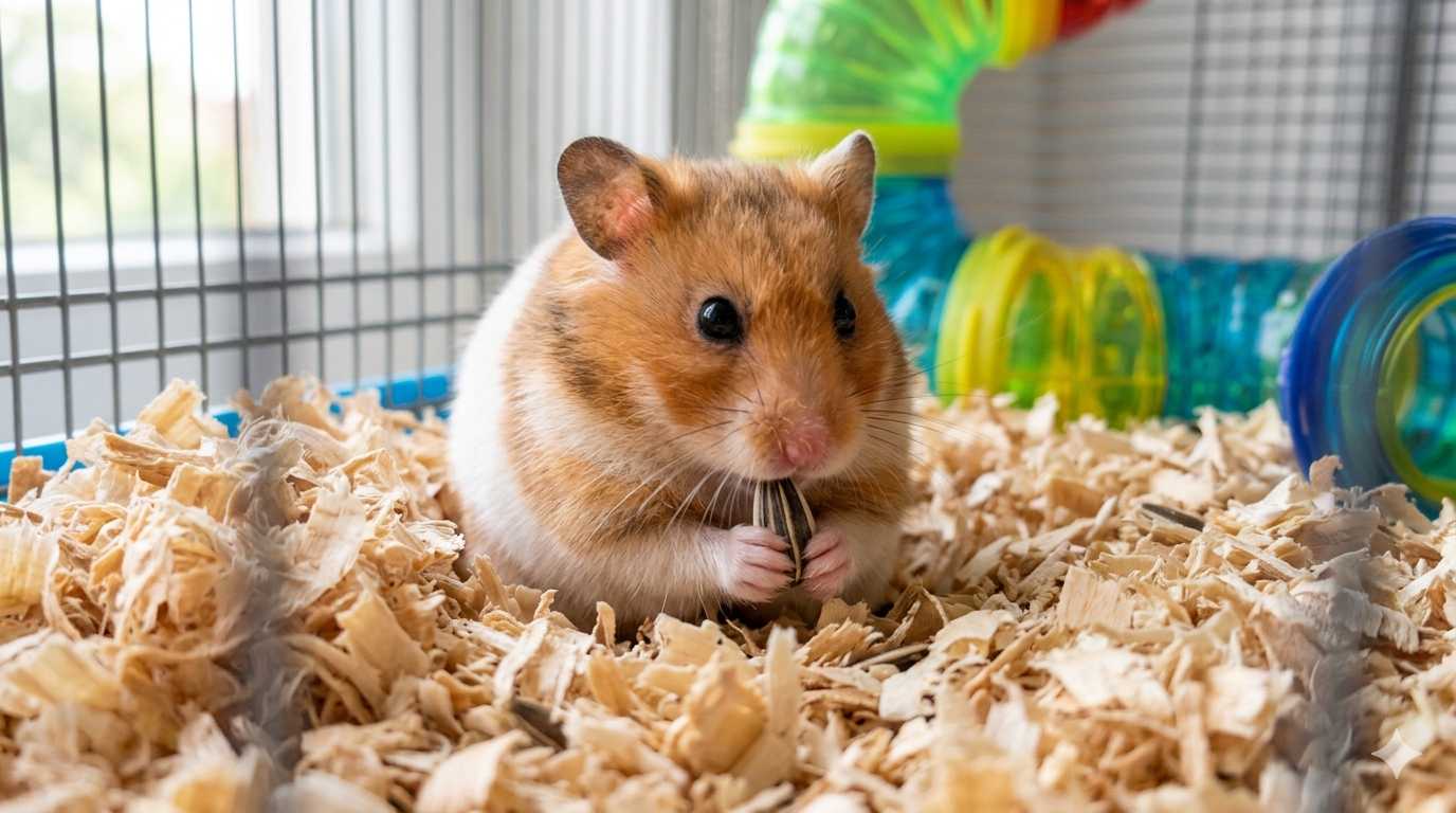 Goldhamster sitzt im Käfig auf Holzstreu und frisst einen Sonnenblumenkern, im Hintergrund ein Spieltunnel