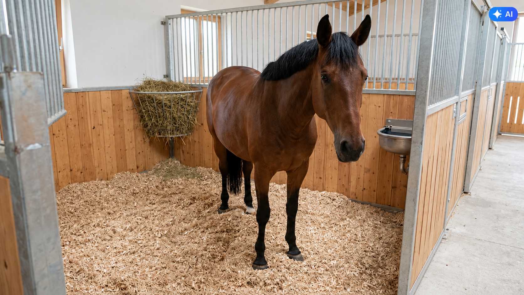 Braunes Pferd steht in einer Stallbox mit heller Einstreu, Heunetz und Tränke