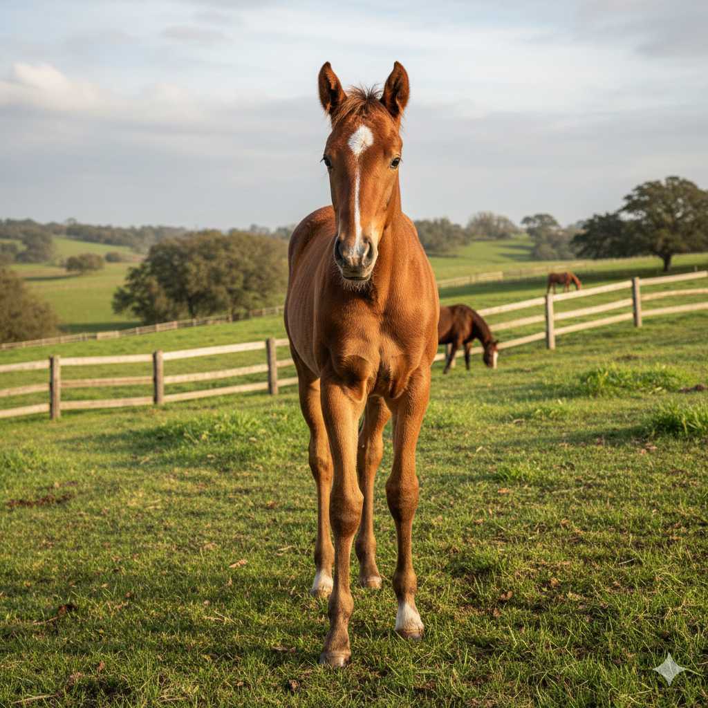 Ein junges braunes Pferd mit weißer Blesse steht auf einer grünen Weide vor einem Holzzaun, im Hintergrund grasen weitere Pferde in einer hügeligen Landschaft.