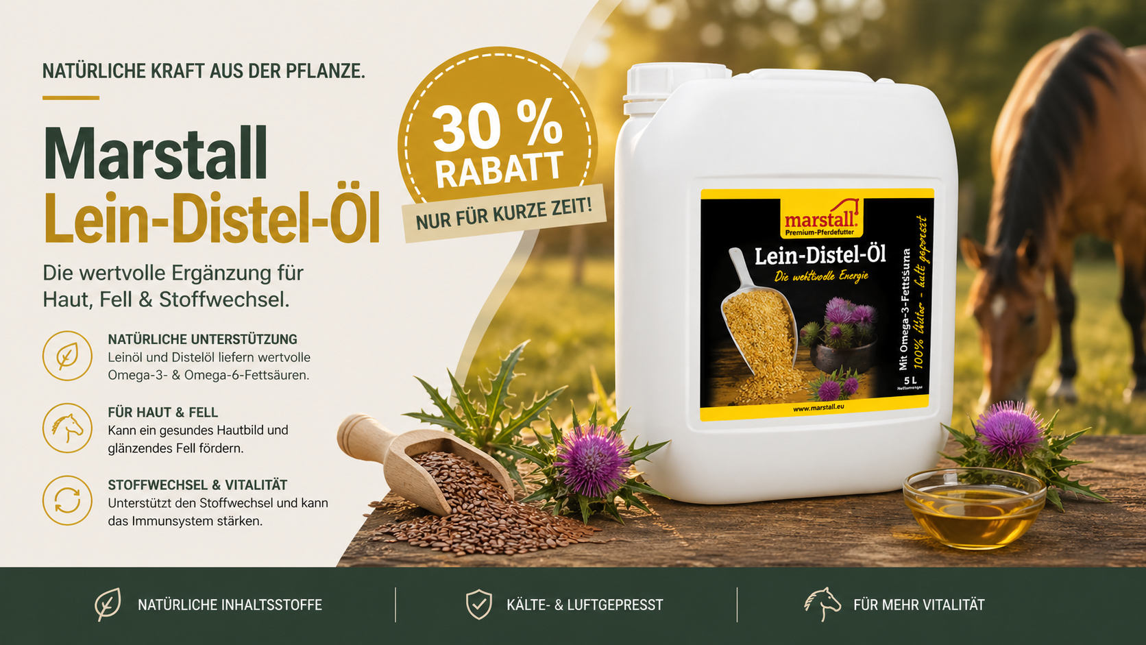 Marstall Lein-Distel-Öl für Pferde – hochwertige Öl-Ergänzung für Haut, Fell und Stoffwechsel mit Rabatt
