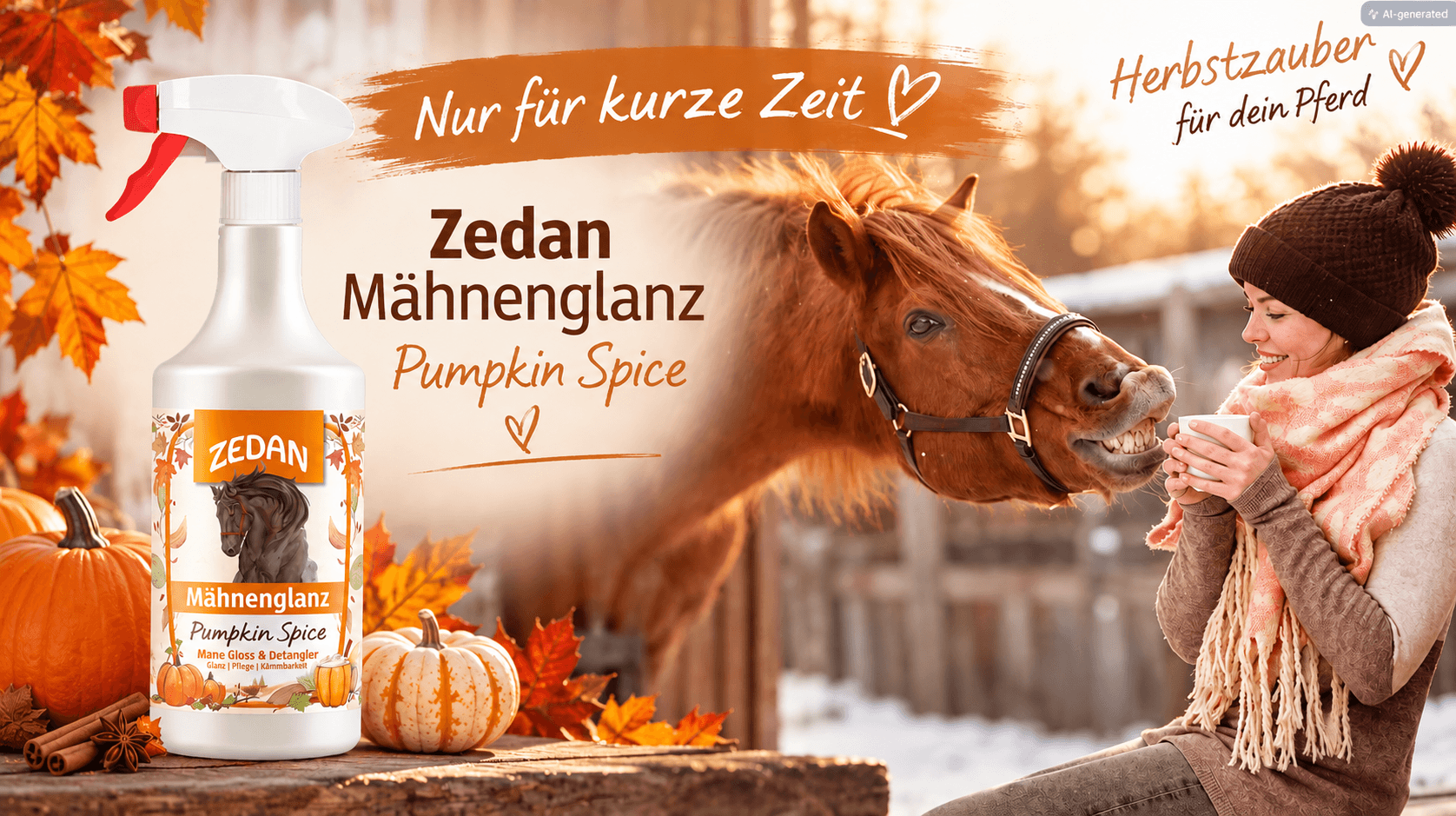 Zedan Mähnenglanz Pumpkin Spice für Pferde – limitierte Herbstedition mit Pumpkin-Spice-Duft, nur für kurze Zeit erhältlich.