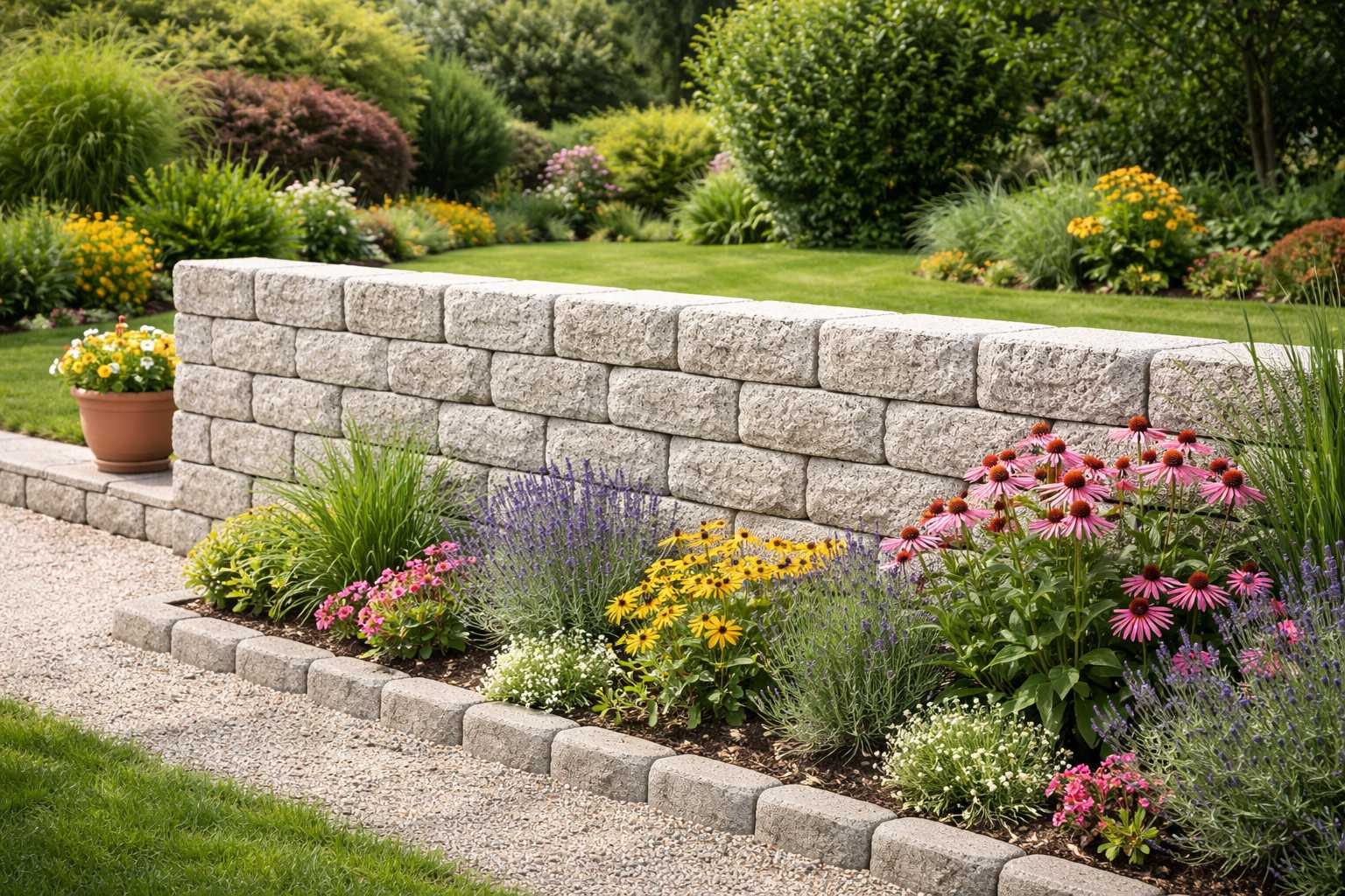 Staudenbeet mit Natursteinmauer, Lavendel, Sonnenhut und blühenden Gartenpflanzen