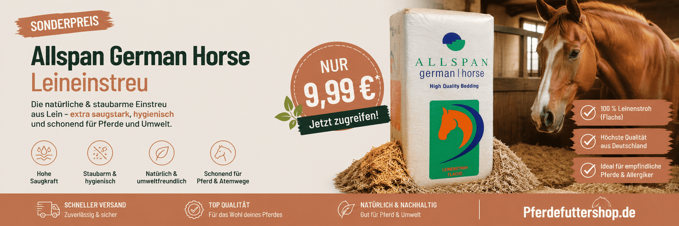 Allspan German Horse Leineinstreu aus Flachs – staubarme und saugstarke Pferdeeinstreu zum Sonderpreis von 9,99 Euro