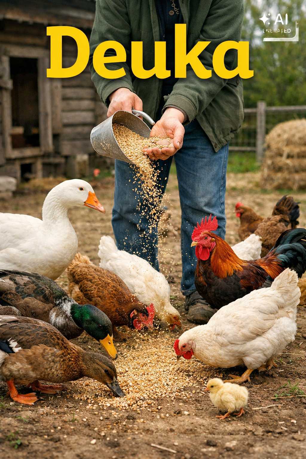 Eine Person verteilt Geflügelfutter aus einer Schaufel auf dem Boden. Hühner, Hähne, Enten, eine Gans und Küken versammeln sich zum Fressen. Darüber steht der Schriftzug „Deuka“.
