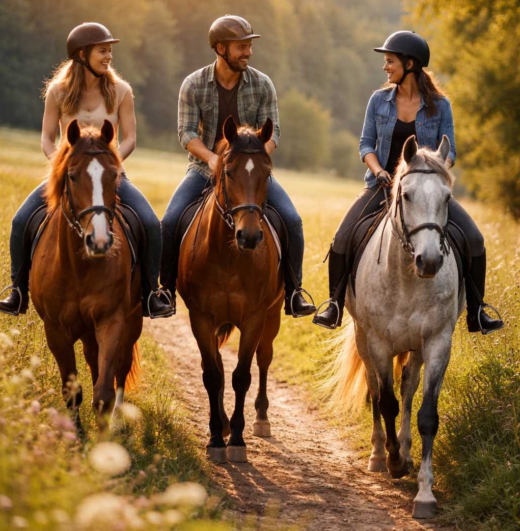 Drei Reiter genießen gemeinsam einen entspannten Ausritt auf Pferden durch eine sonnige Landschaft