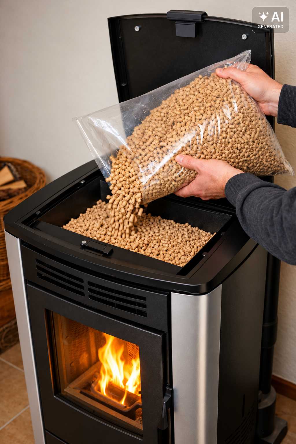 Holzpellets werden in den Vorratsbehälter eines Pelletofens eingefüllt