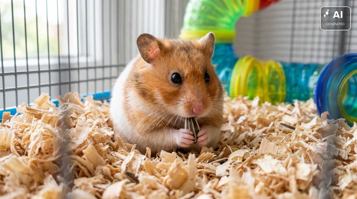 Hamster sitzt in einem Gehege mit Holzspänen und Spieltunneln