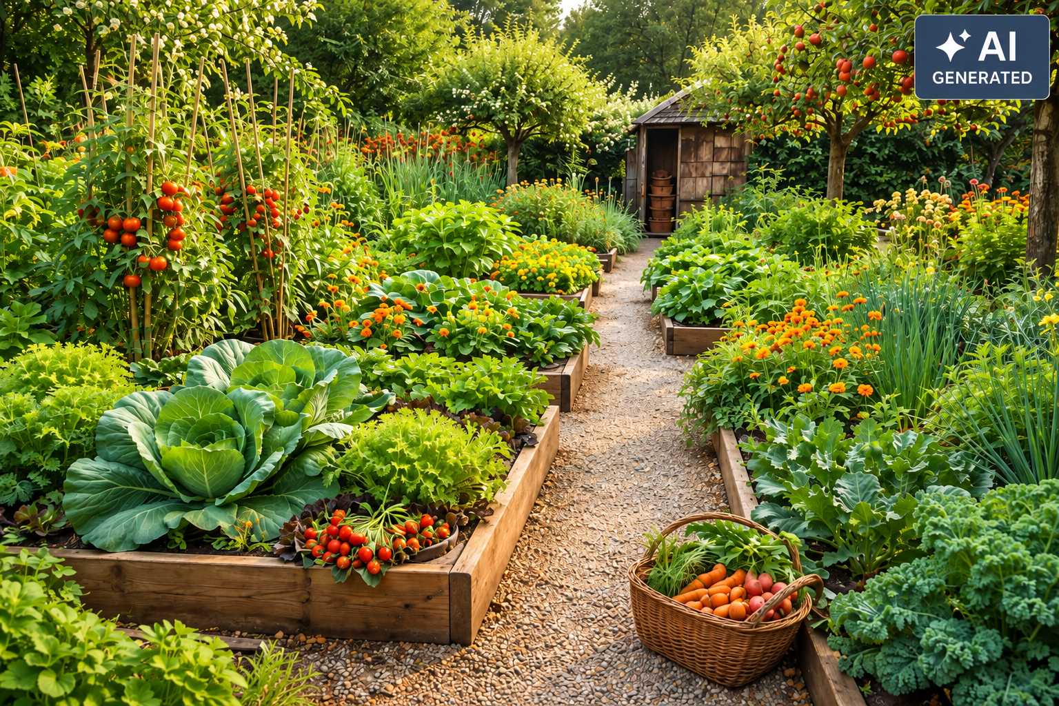 Naturnaher Nutzgarten mit Tomaten, Kohl, Salat, Kräutern und frisch geerntetem Gemüse