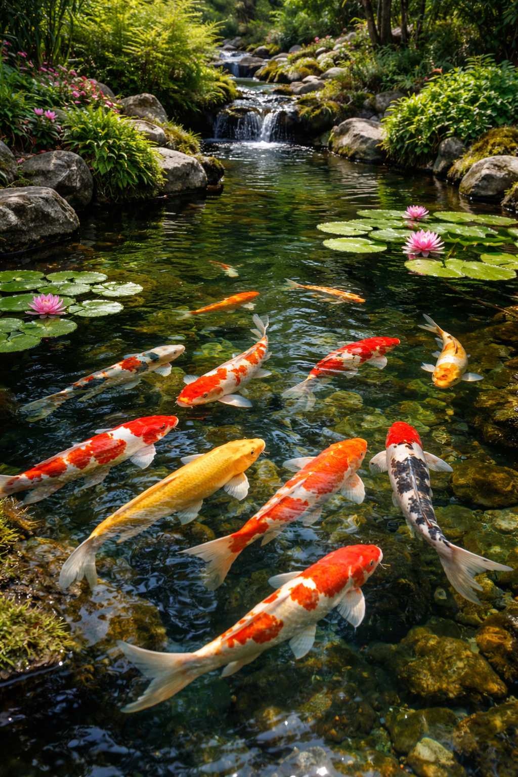 Bunte Koi Karpfen schwimmen in einem klaren Gartenteich mit Wasserfall, Steinen und blühenden Seerosen