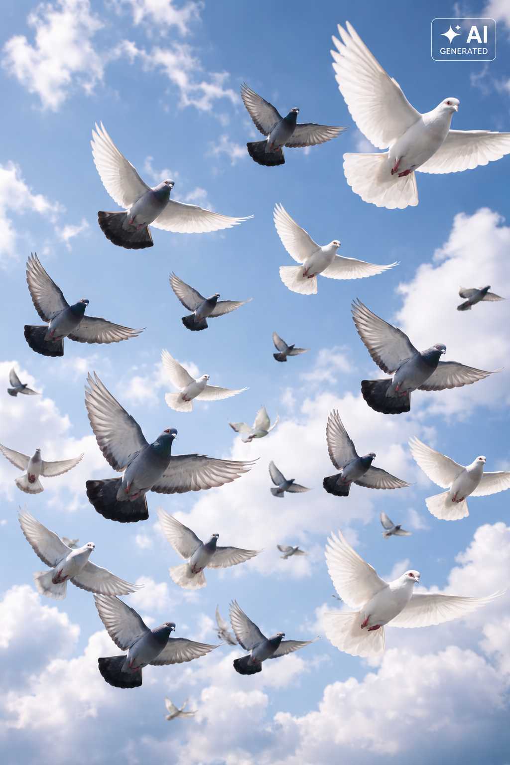 Zahlreiche weiße und graue Tauben fliegen mit ausgebreiteten Flügeln durch einen blauen Himmel mit weißen Wolken.