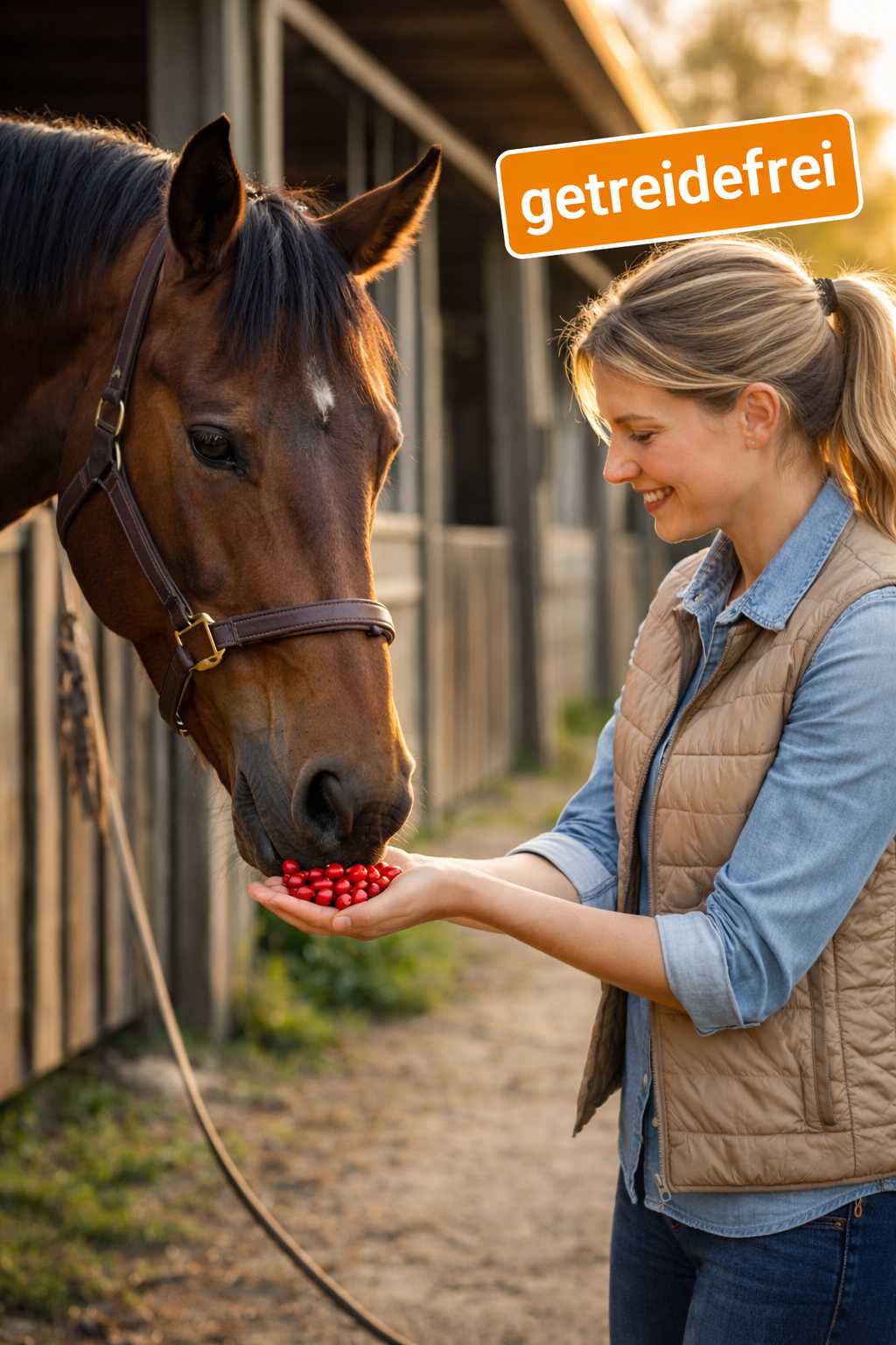 Frau füttert Pferd mit getreidefreiem Pferdefutter aus der Hand im Stall