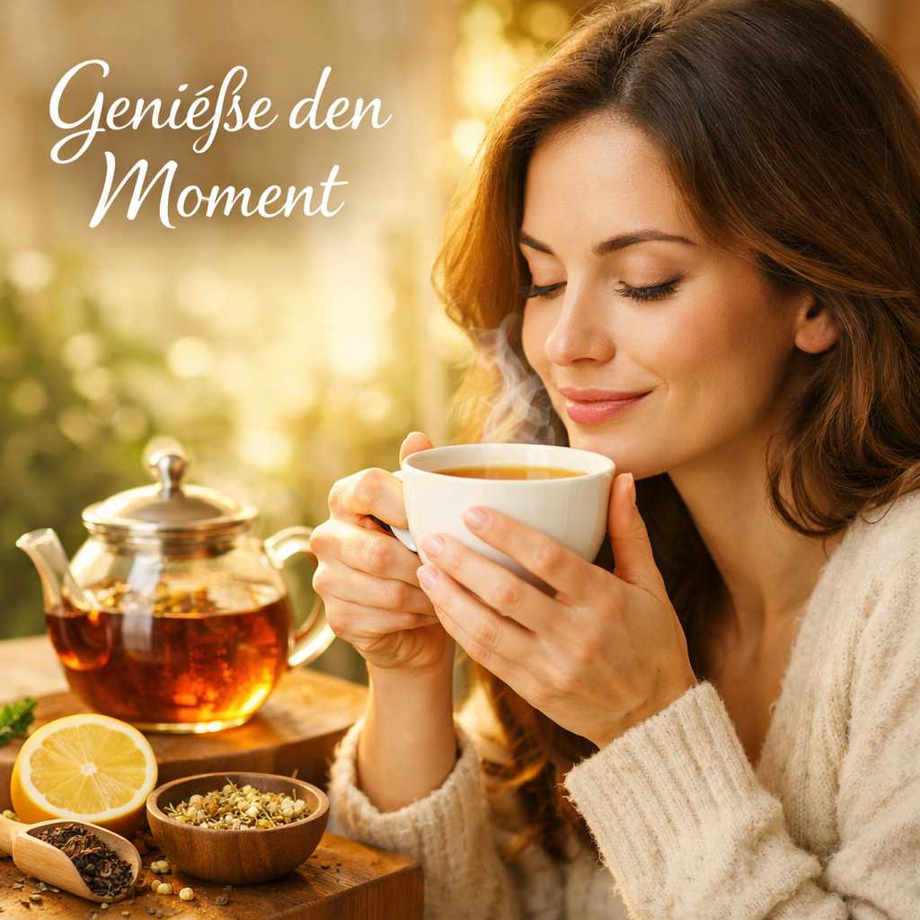 Frau hält eine Tasse heißen Tee und genießt den Moment neben Teekanne und Kräutern
