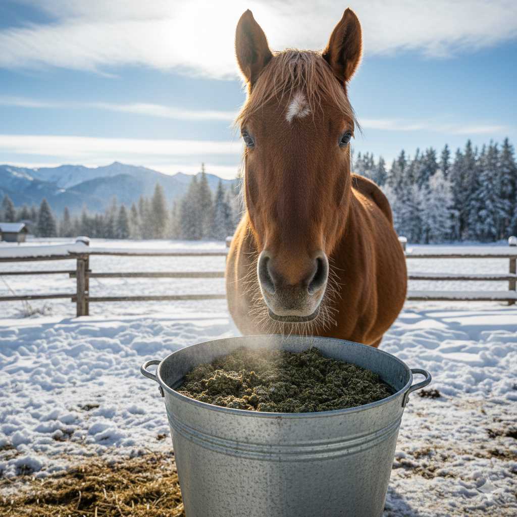 Ein braunes Pferd steht im verschneiten Paddock vor einem Metallkübel mit dampfendem Mash, im Hintergrund sind verschneite Bäume und Berge zu sehen.