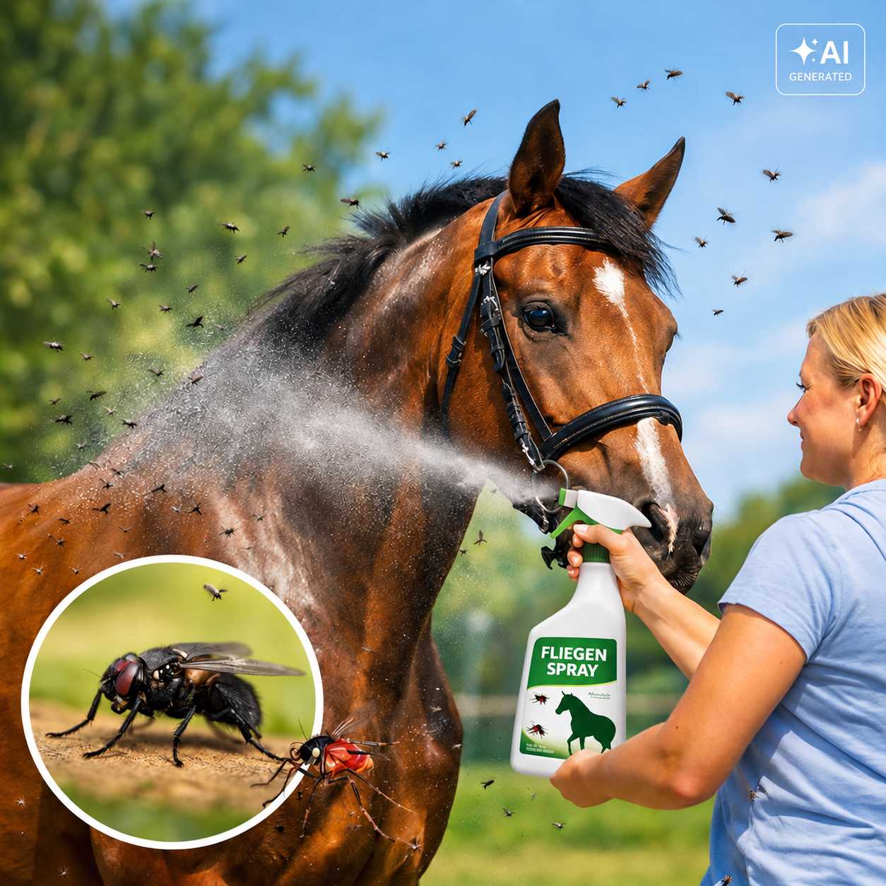 Braunes Pferd wird im Freien mit einem Fliegenspray eingesprüht
