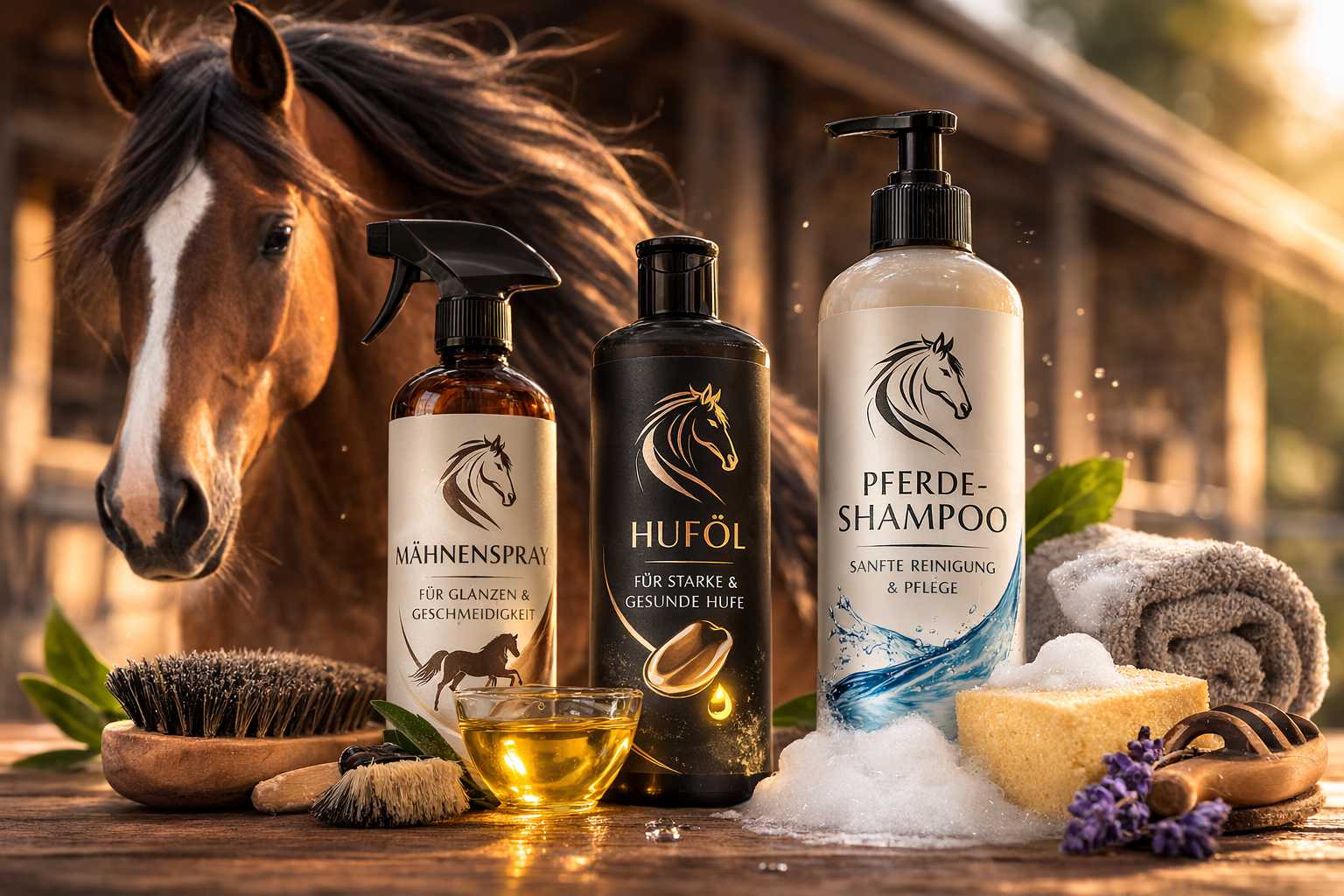 Pflegeprodukte für Pferde mit Mähnenspray, Huföl und Pferdeshampoo auf einem Tisch vor einem Pferd im Stall