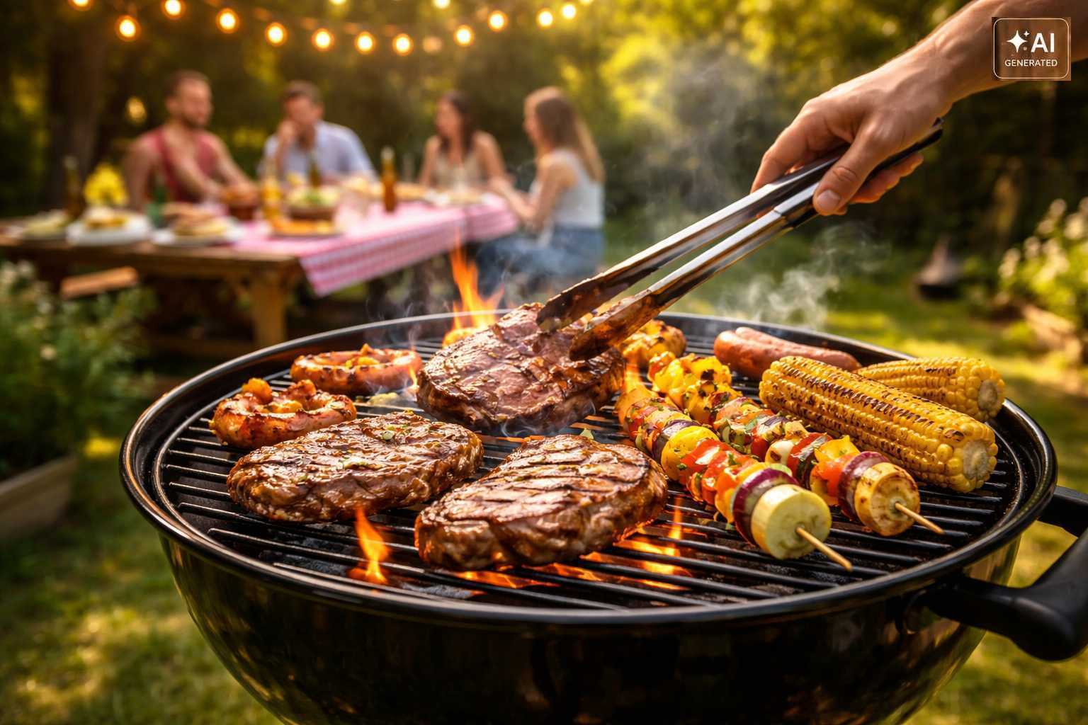 Grill mit Steaks, Gemüsespießen und Maiskolben bei einem sommerlichen Gartenabend