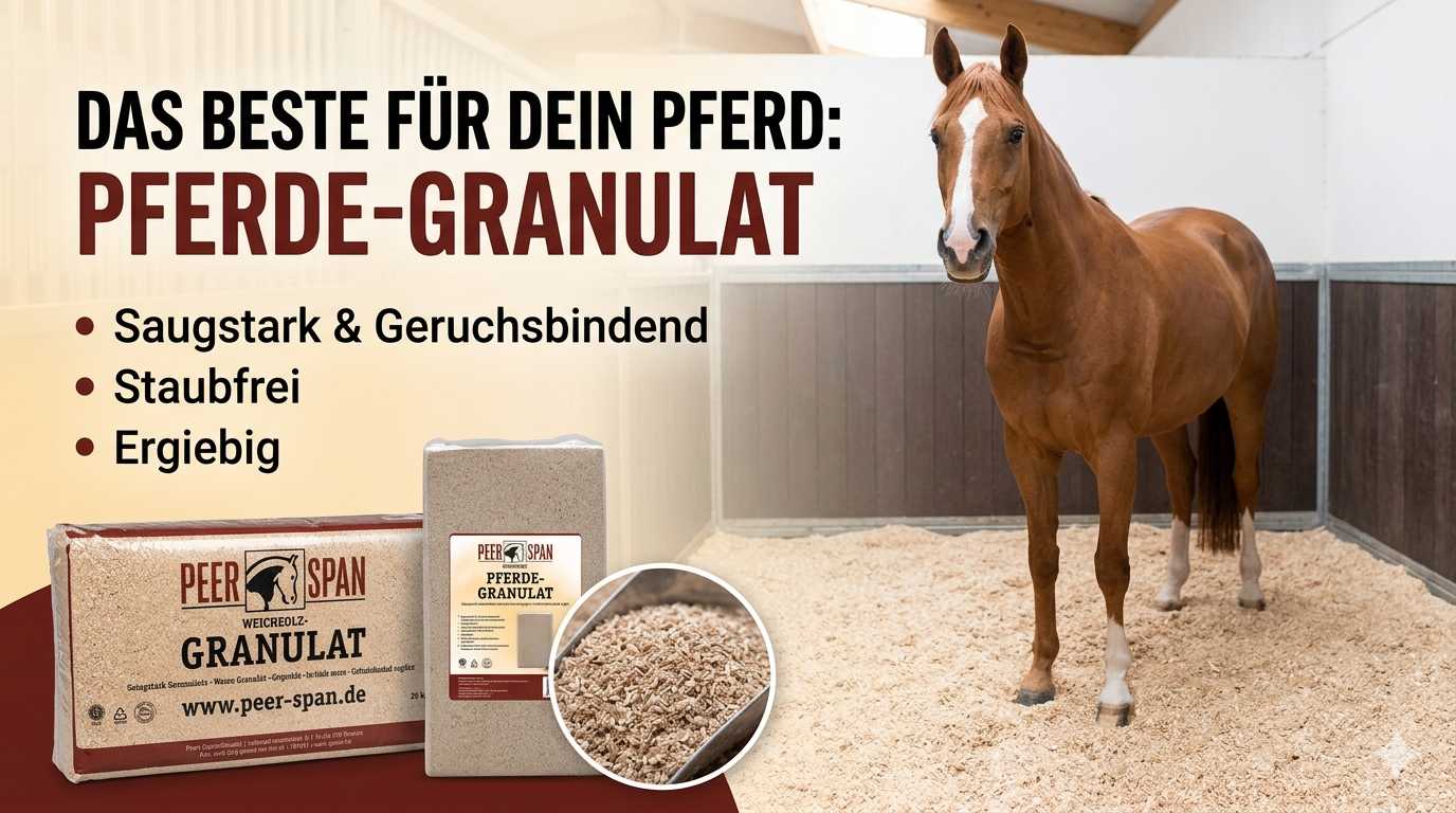 Pferde Granulat Einstreu im Stall mit Pferd – saugstark, staubfrei und geruchsbindend
