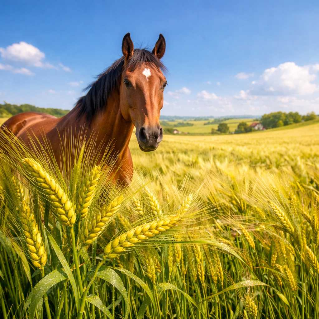 Braunes Pferd steht auf einem goldenen Getreidefeld mit reifen Ähren in ländlicher Landschaft