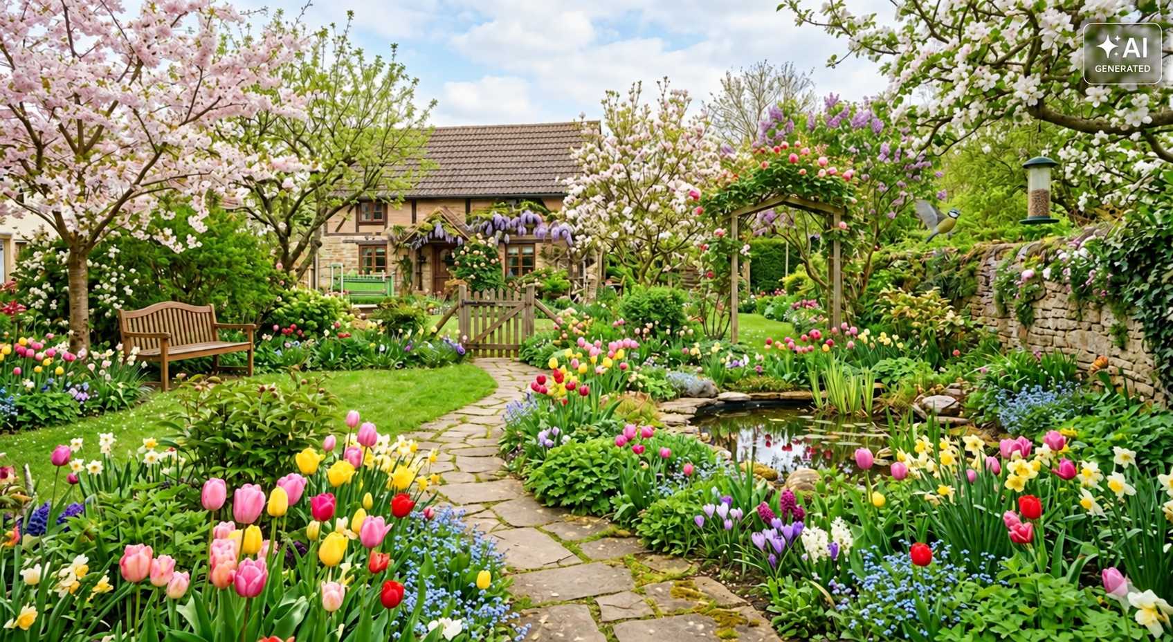 Üppig bepflanzter Garten mit Tulpen, Blütenstauden und Gartenweg