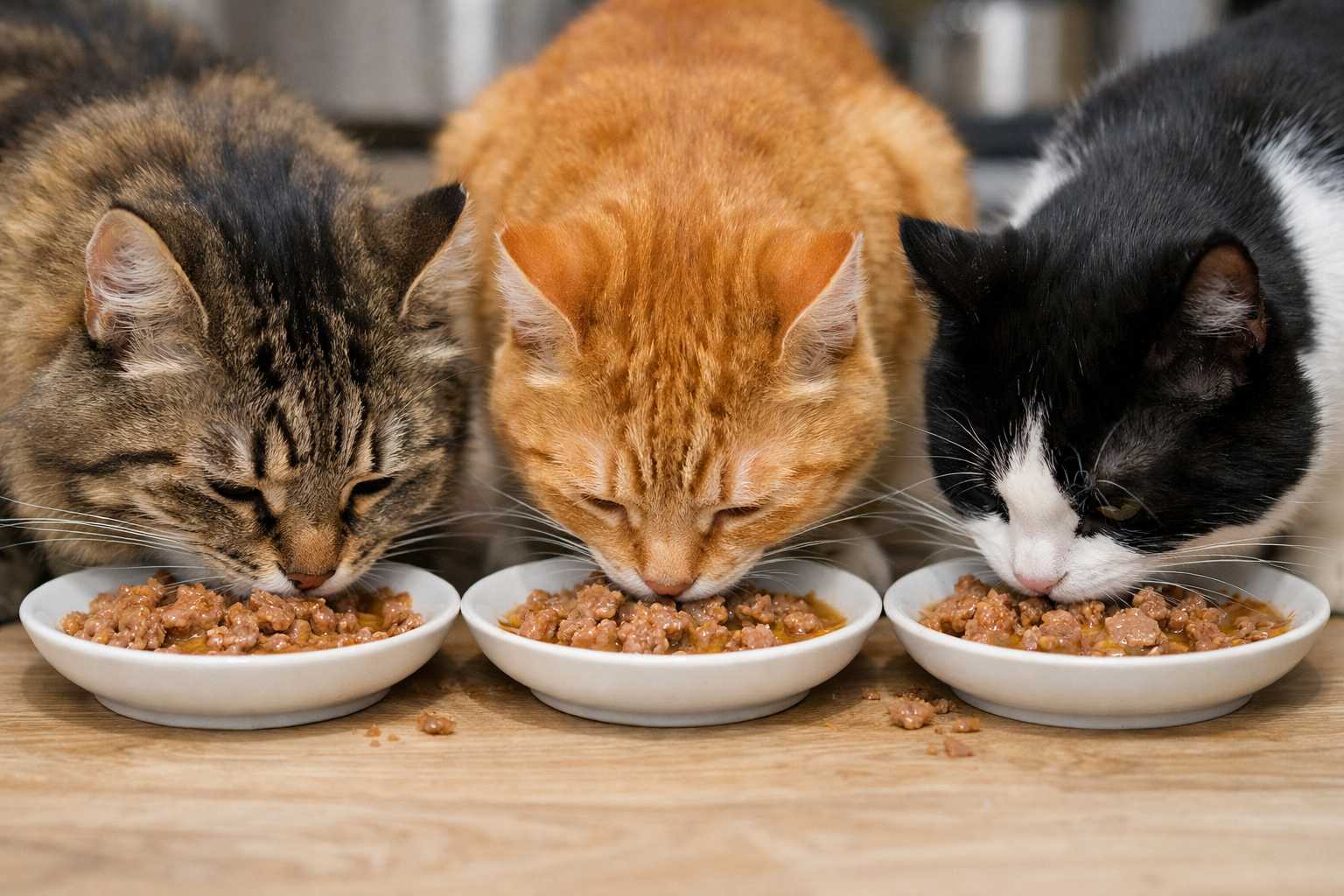 Drei Hauskatzen fressen gleichzeitig Nassfutter aus Futterschalen