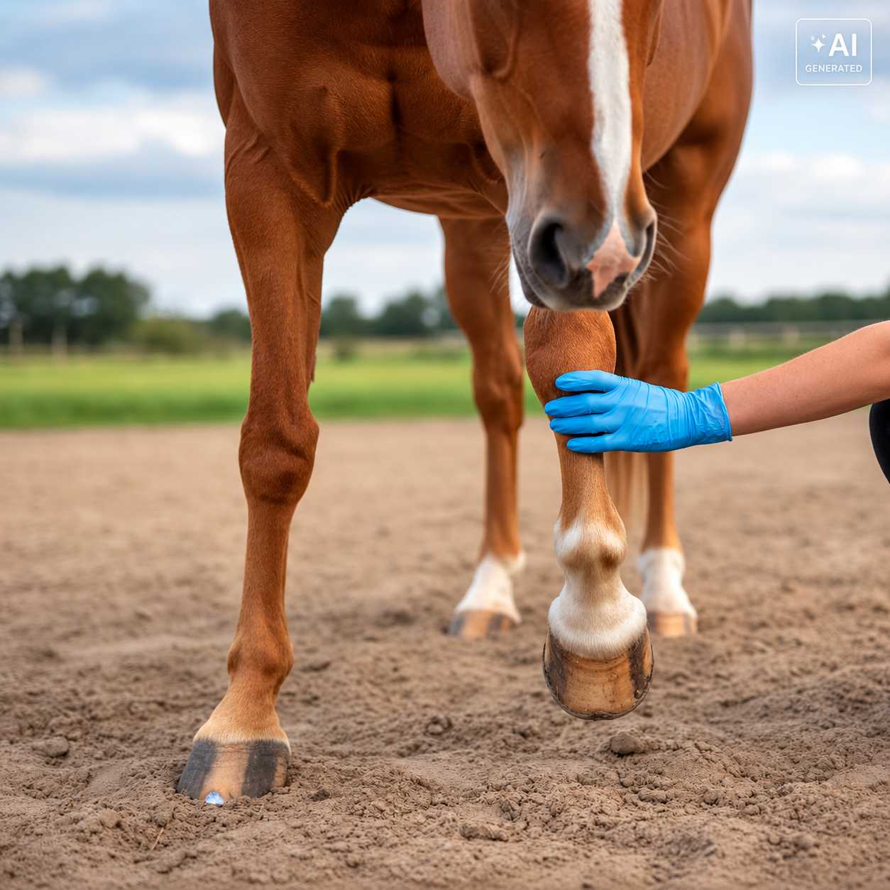 Hand mit Handschuh berührt das Vorderbein eines braunen Pferdes