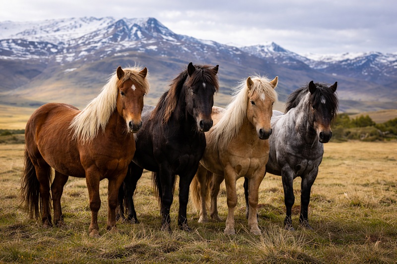 Gruppe von Islandpferden steht gemeinsam auf einer Wiese vor bergiger Landschaft