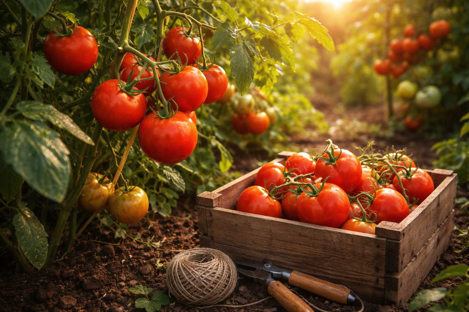 Reife rote Tomaten am Strauch und frisch geerntete Tomaten in einer Holzkiste im Gemüsegarten