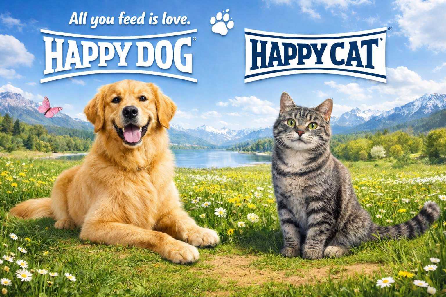 Golden Retriever und getigerte Katze sitzen auf einer blühenden Wiese vor Berglandschaft, darüber die Logos Happy Dog und Happy Cat