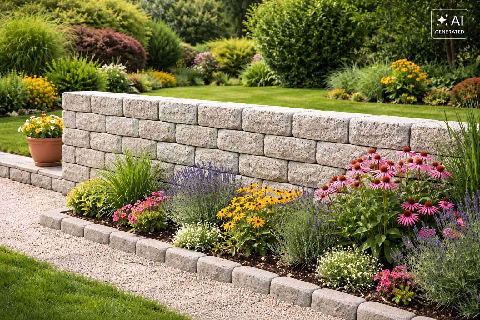 Moderne Natursteinmauer mit Lavendel, Sonnenhut und weiteren Gartenstauden