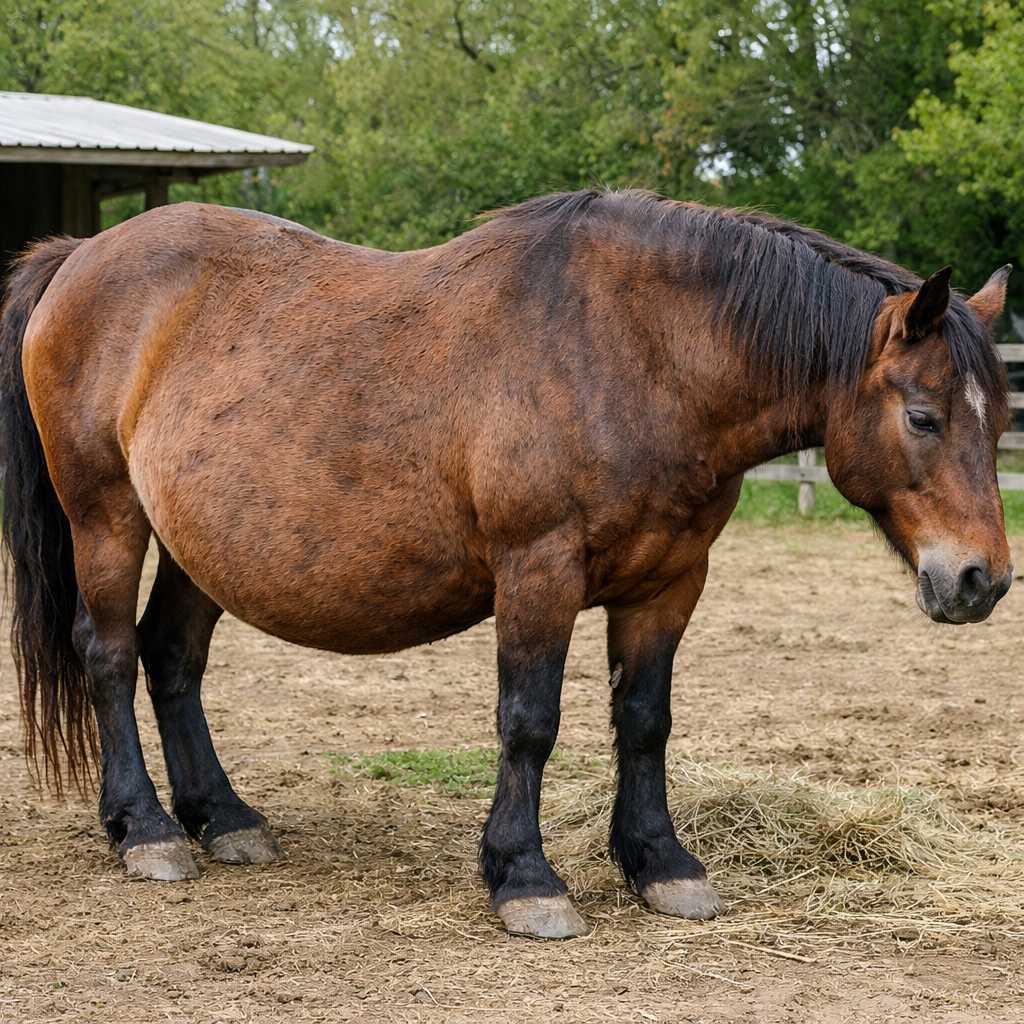 Kräftiges braunes Pferd mit deutlich sichtbarem Übergewicht steht auf einem Sandpaddock neben Heu, im Hintergrund Bäume und Unterstand.