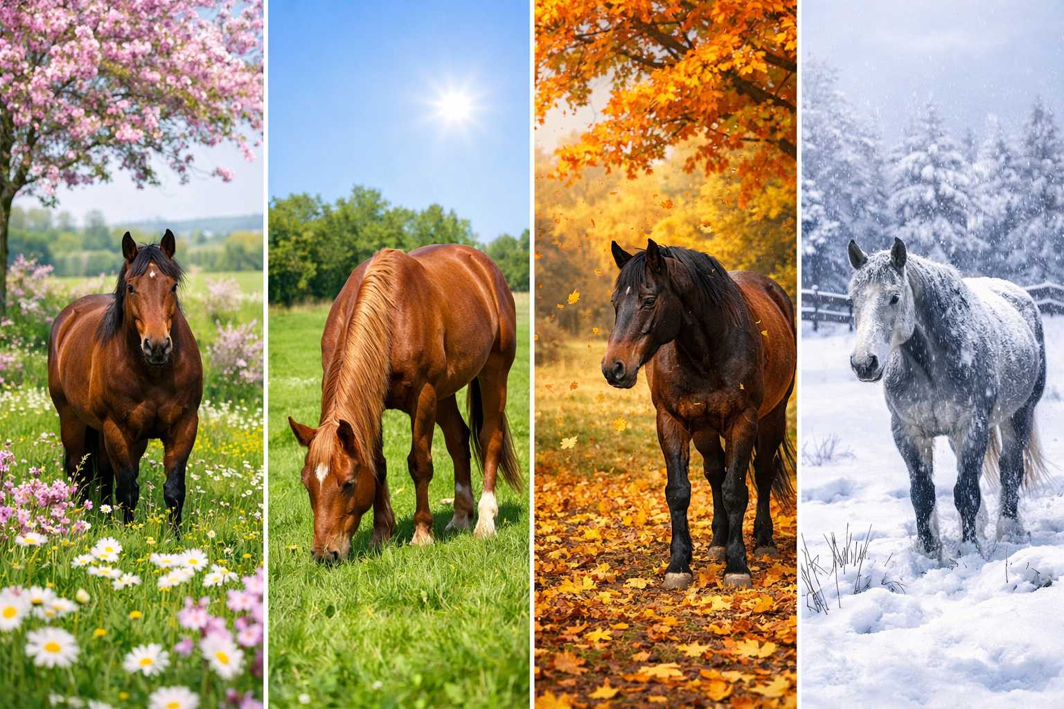 Vier Bilder zeigen Pferde auf der Weide in den verschiedenen Jahreszeiten Frühling, Sommer, Herbst und Winter
