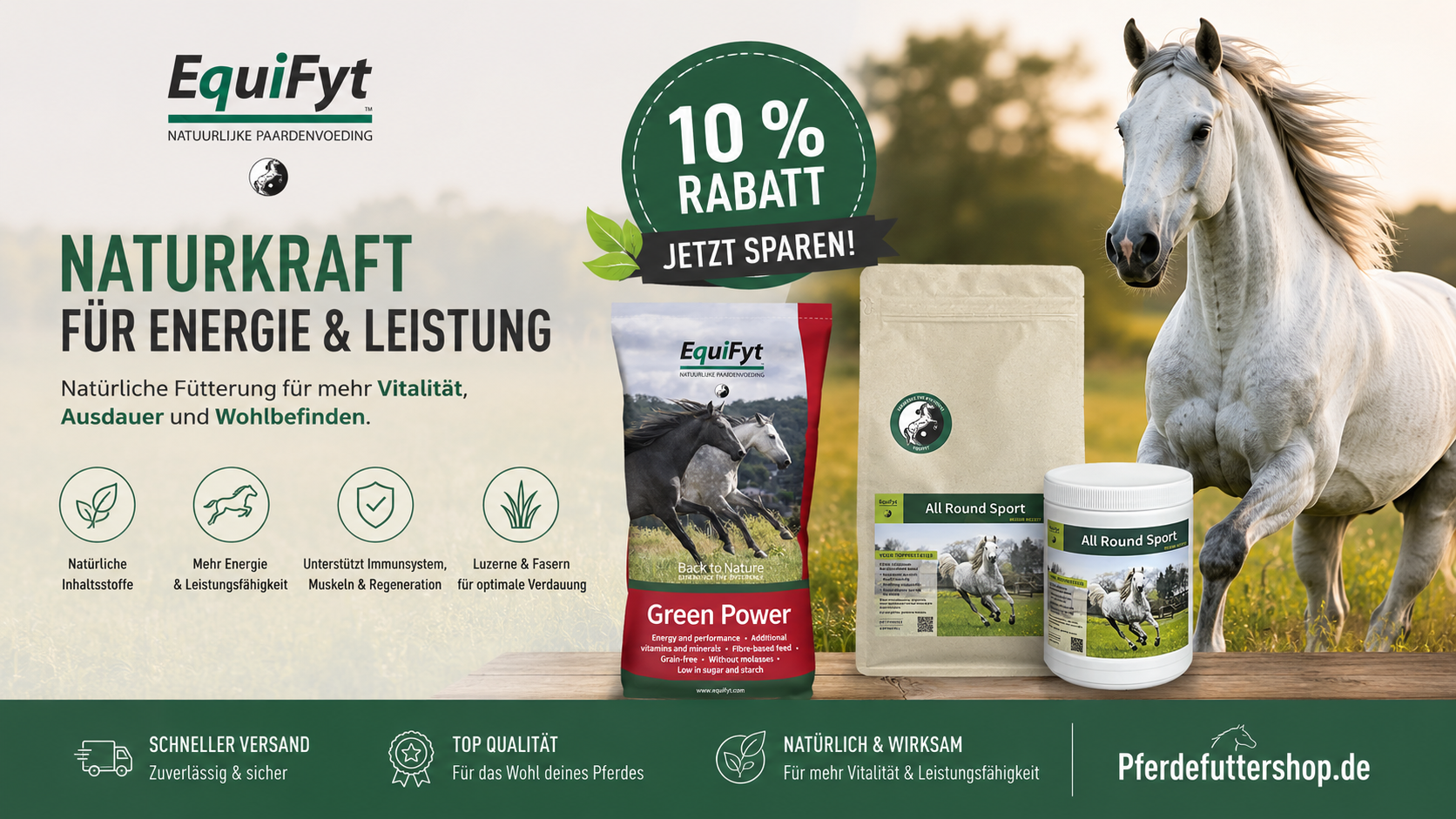 EquiFyt Green Power mit Luzerne und All Round Sport – hochwertige Pferdenahrung für mehr Energie, Ausdauer und Vitalität jetzt mit 10 Prozent Rabatt