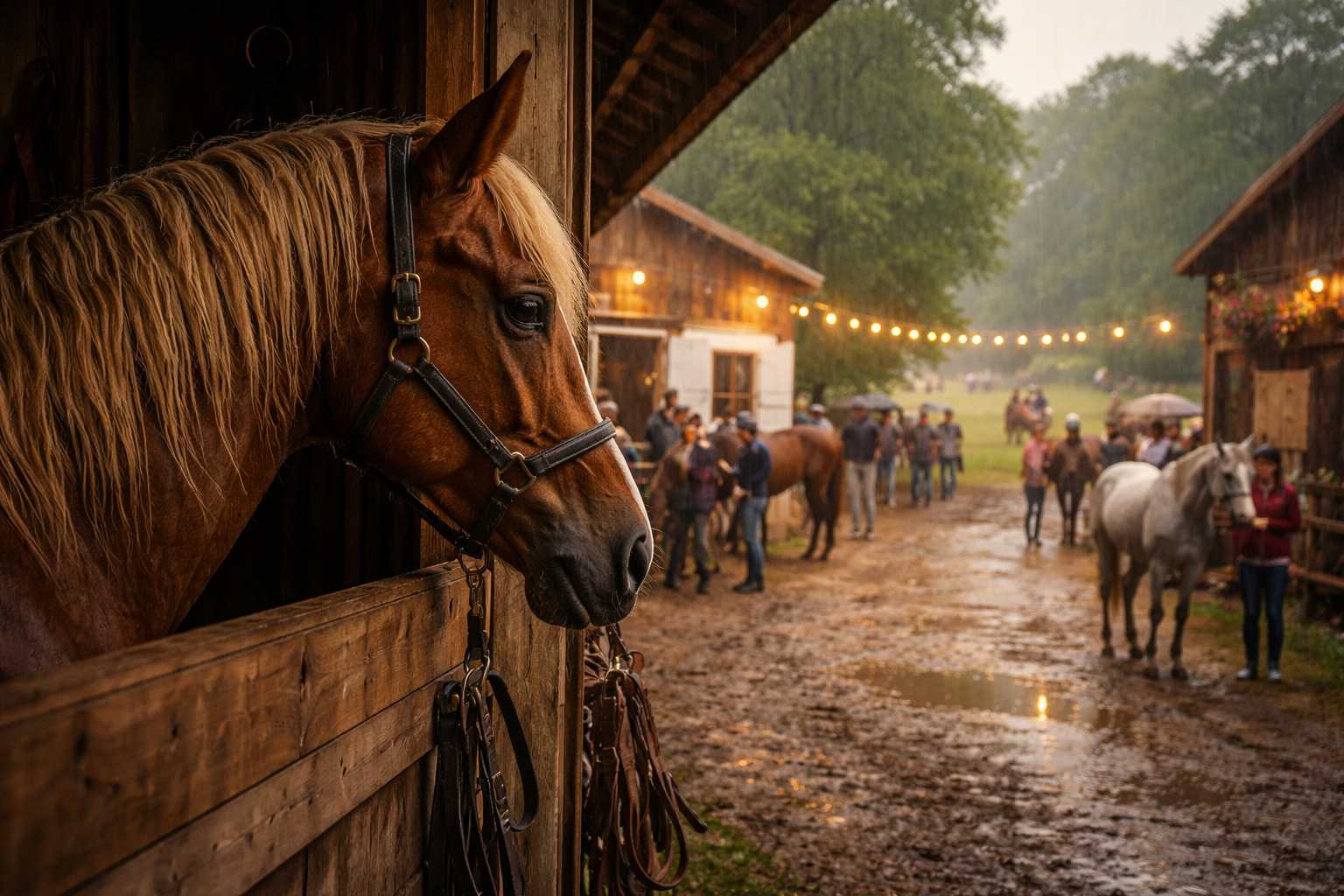 Pferd schaut aus der Box auf einen belebten Hof mit Menschen und weiteren Pferden bei leichtem Regen und Lichterkette