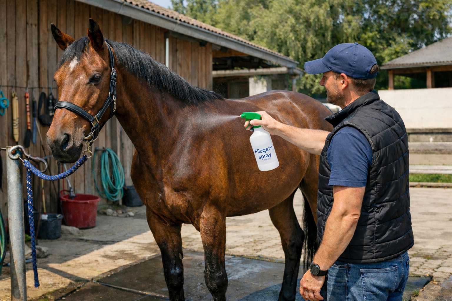 Mann sprüht Fliegenspray auf ein Pferd im Stall zum Schutz vor Insekten