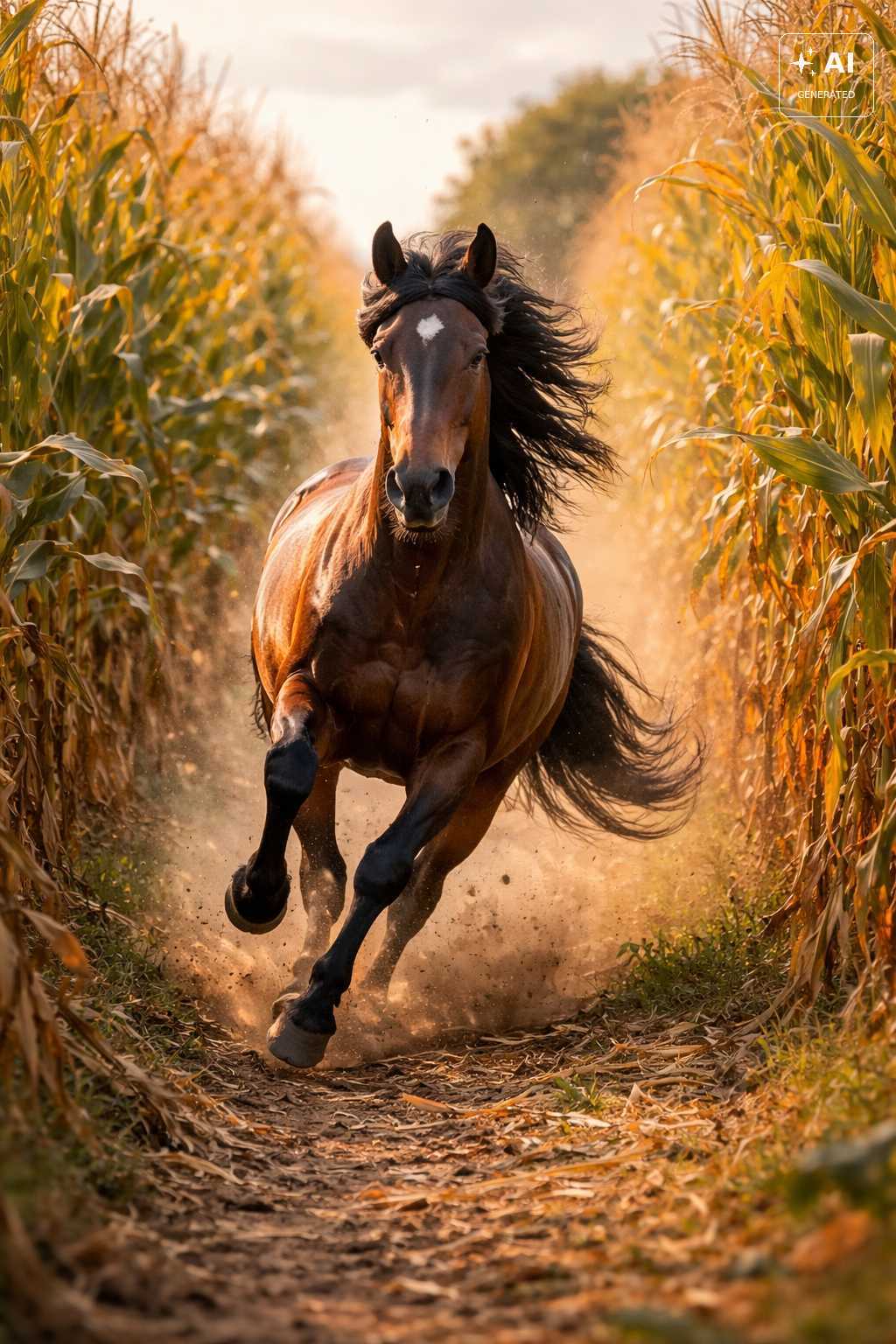 Braunes Pferd mit schwarzer, wehender Mähne galoppiert über einen staubigen Feldweg zwischen hohen Maispflanzen im warmen Sonnenlicht.