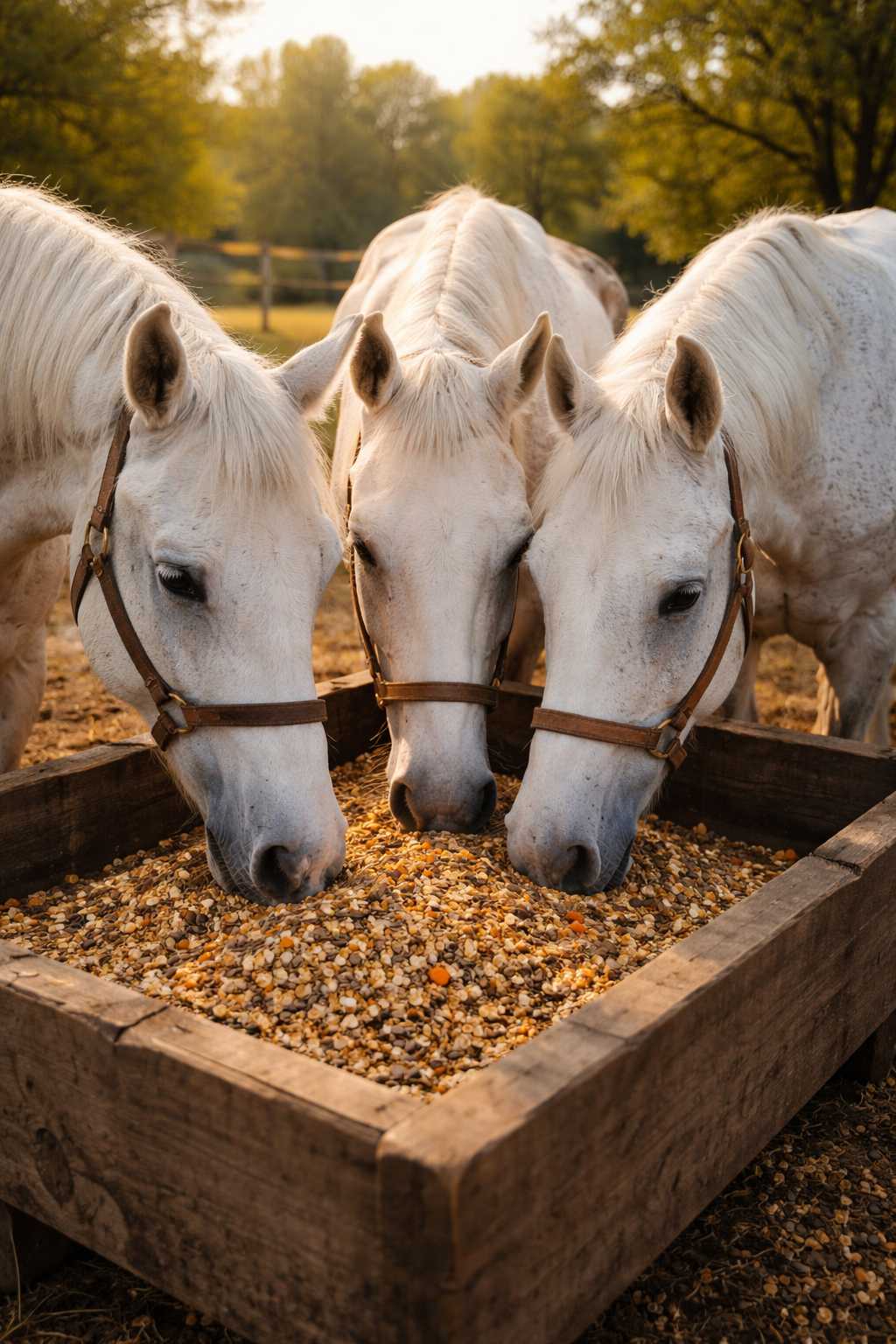 Drei weiße Pferde mit Halftern fressen gleichzeitig Körnerfutter aus einem hölzernen Futtertrog im Freien