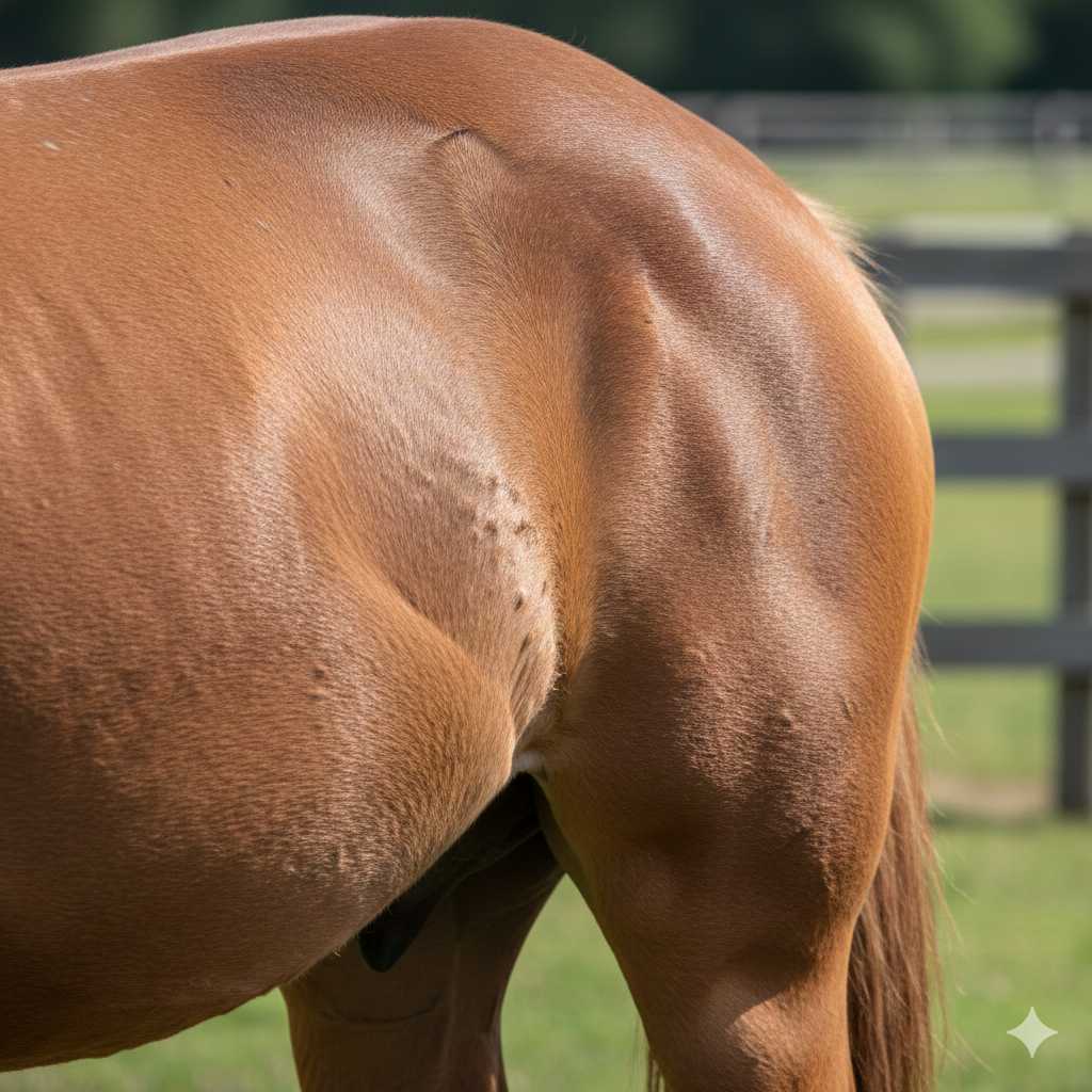 Nahaufnahme der Hinterhand eines braunen Pferdes auf der Weide, mit sichtbarer Muskulatur und Fellstruktur. Im Hintergrund ist ein Weidezaun zu erkennen.