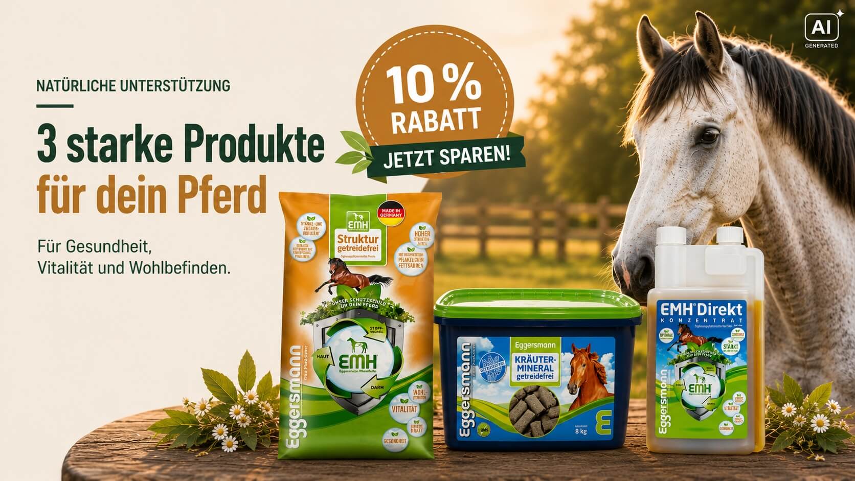Eggersmann Pferdefutter und Ergänzungsfutter mit 10 % Rabatt: Struktur getreidefrei, Kräuter-Mineral getreidefrei und EMH Direkt Konzentrat.