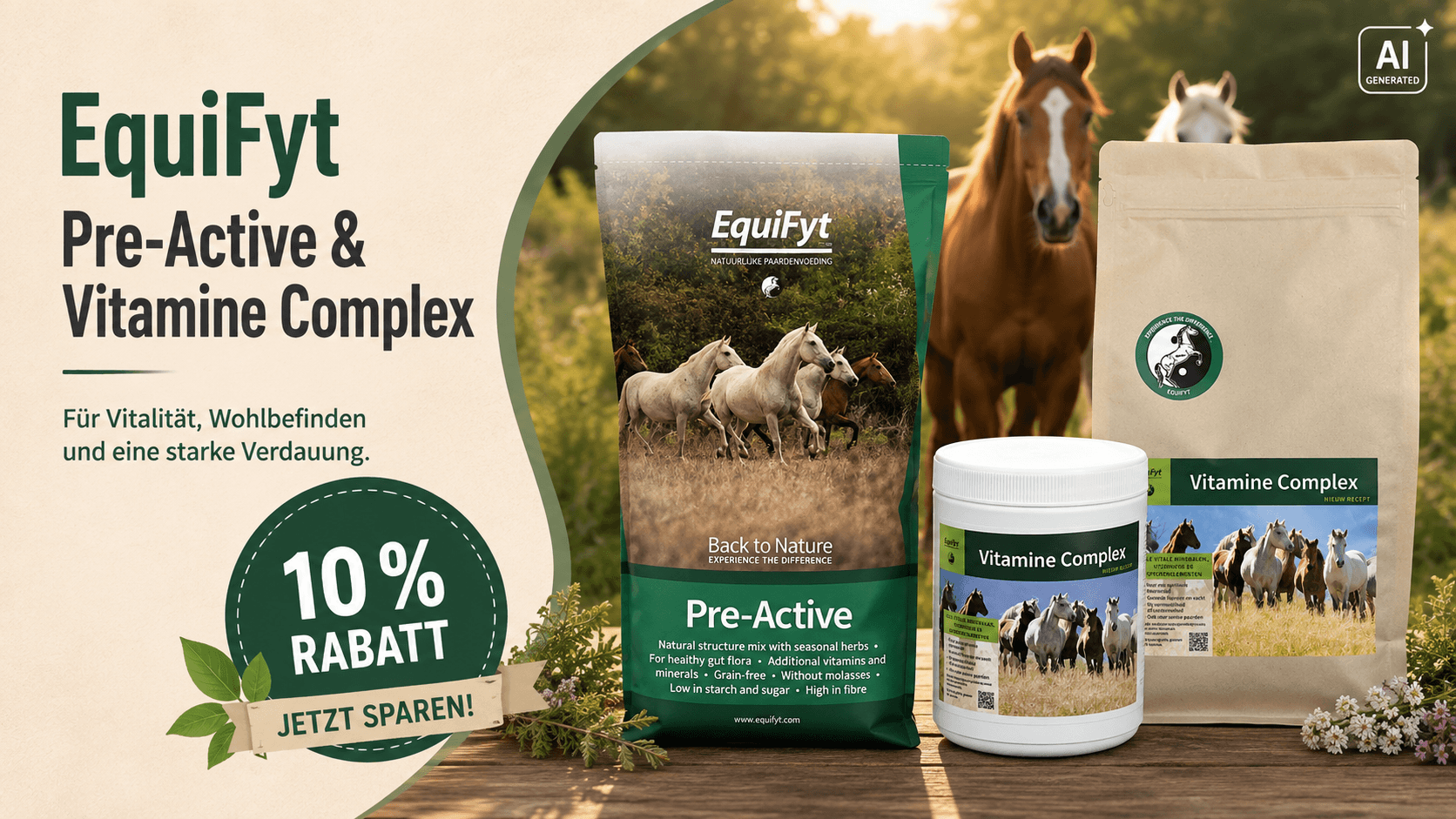 EquiFyt Pre-Active und Vitamine Complex – getreidefreie Strukturmischung und Vitamin-Mineralstoffversorgung für Pferde mit 10 Prozent Rabatt
